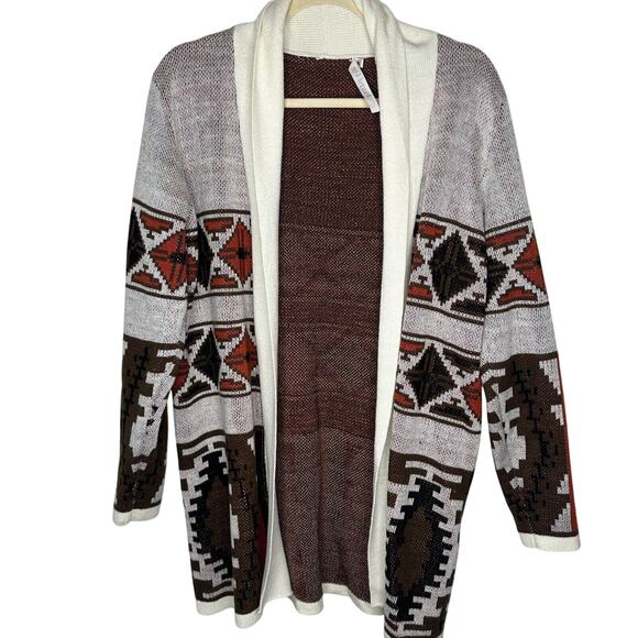 Mags & Pye Cream Brown Rust Native Aztec Print Longline Cardigan Sweater Medium - Picture 2 of 12